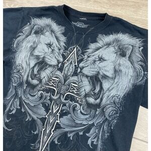 MMA Elite Men's Y2K Double Lion Head Cross Graphic T Shirt Black Grey Size M